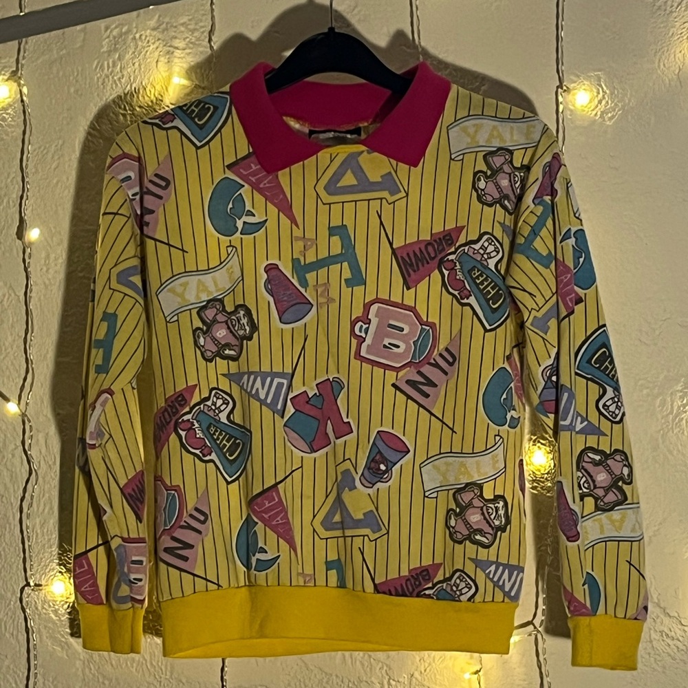 Vintage style long sleeve collared varsity looking sporty shirt pink and yellow